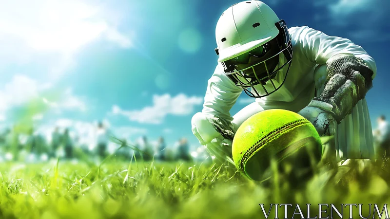 Low-angle dynamic view of cricket player with oversized ball on field