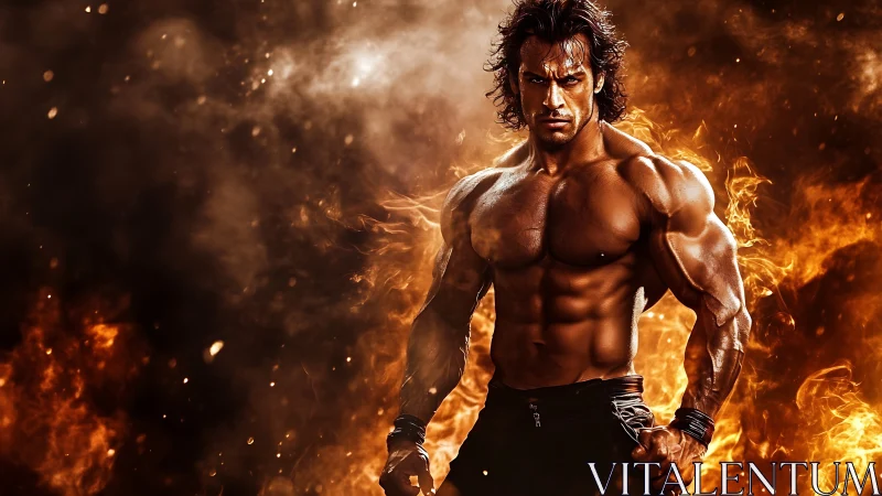 Fire-forged warrior stands carved from smoke and blaze.