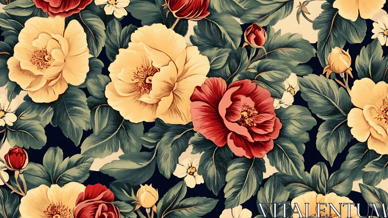 Botanical Floral Composition with Peonies and Cream Blooms Against Dark Ground