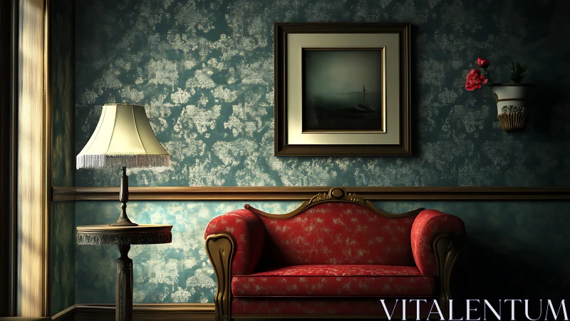 Velvet red settee anchors a moody, vintage sitting room