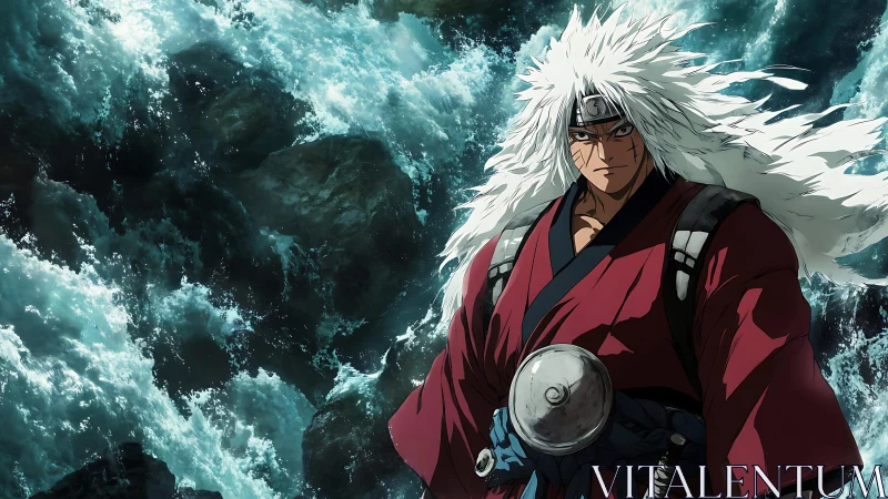 White haired anime warrior stands before crashing waves.
