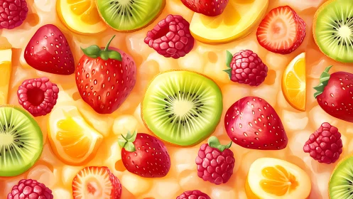Mixed fruit slices and berries in seamless digital layout.