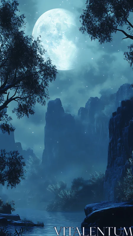Moonlit canyon river glows beneath towering misty cliffs.