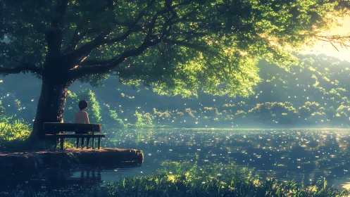 Luminous lakeside bench under volumetric foliage at dusk.