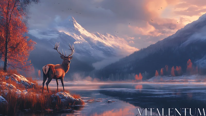 Stag standing by frozen lake under snowy mountain sunrise.