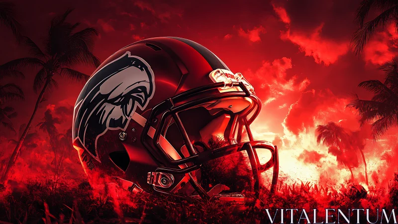 Crimson football helmet under blazing tropical skies.