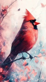 Crimson cardinal perches calmly amid swirling pastel petals