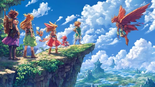 Adventuring heroes gaze toward a vast floating sky realm