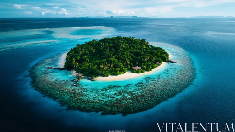 Tropical island atoll surrounded by coral reef formations.