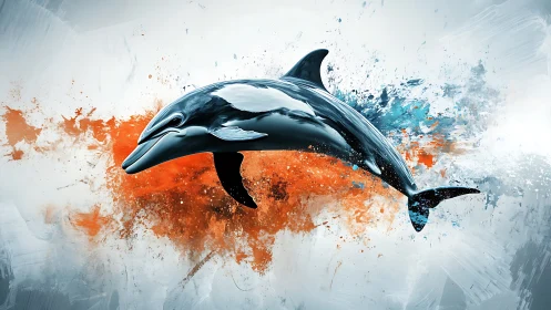 Dynamic dolphin study with abstract splatter composition.
