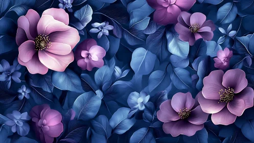 Pink and Purple Flowers Blooming Among Deep Blue Foliage