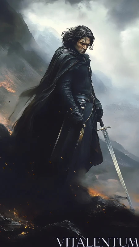 Cloaked swordsman standing on dark volcanic landscape.