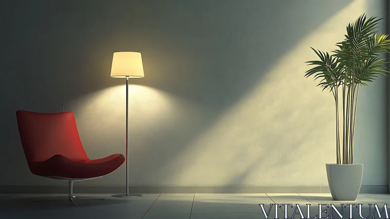 Luminous modern interior with red lounge, lamp and palm plant.