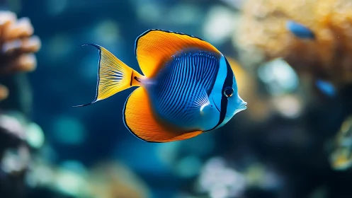 Colorful surgeonfish swims in clear tropical reef water
