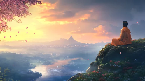 Meditative figure observes volumetric sunrise over misted valley