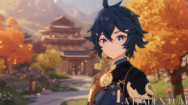 Cel-shaded anime character in ornate uniform before autumn temple courtyard