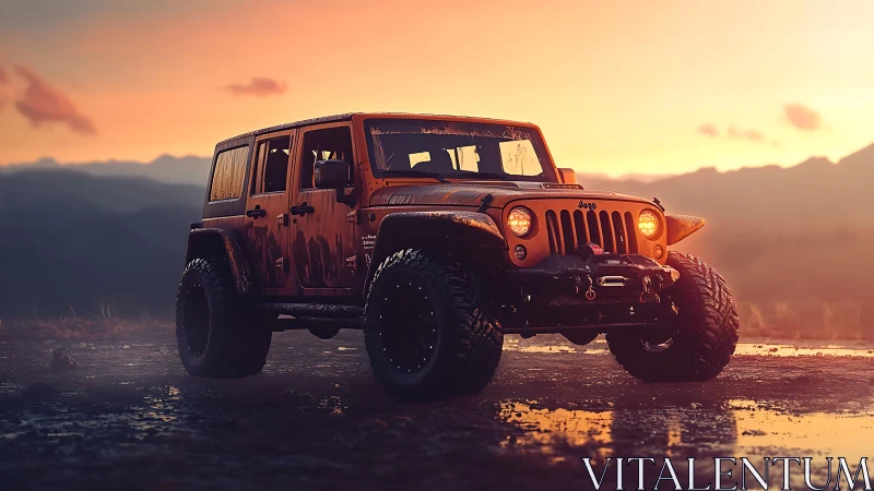 Sunset-soaked off road Jeep waits at the edge of wild horizons.