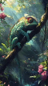 Iridescent chameleon resting in lush, sunlit forest canopy.