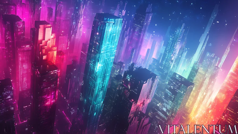 Neon skyscrapers drift like data shards through midnight fog