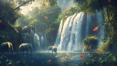Elephants move through river below multi-tiered jungle waterfall