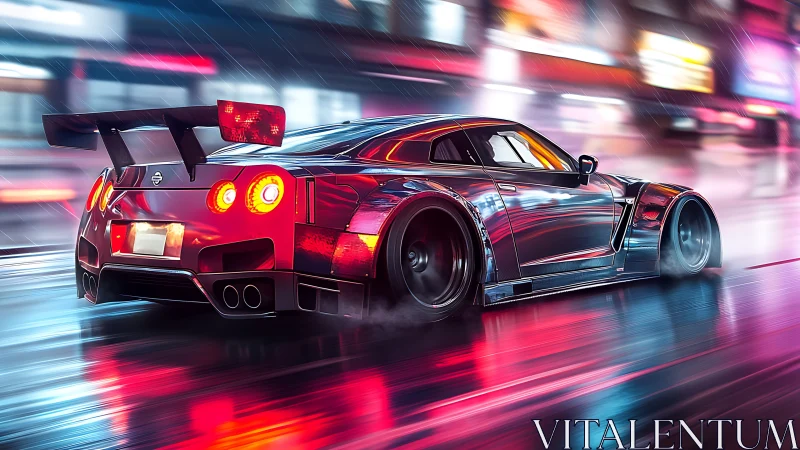 Widebody Nissan GT-R drifts through neon-lit wet street at speed