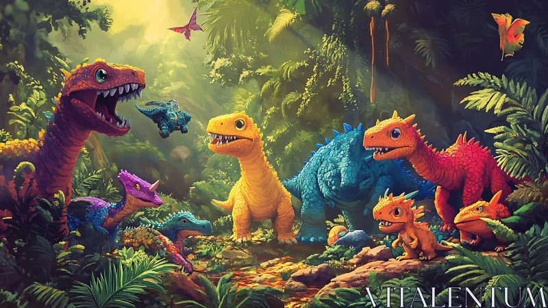 Playful rainbow dinosaurs share a sunny jungle adventure