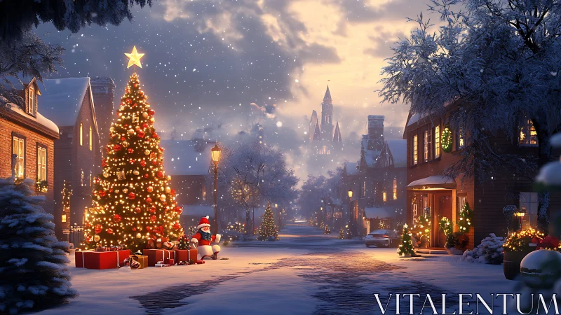 Snowy Christmas village street with glowing tree centerpiece.
