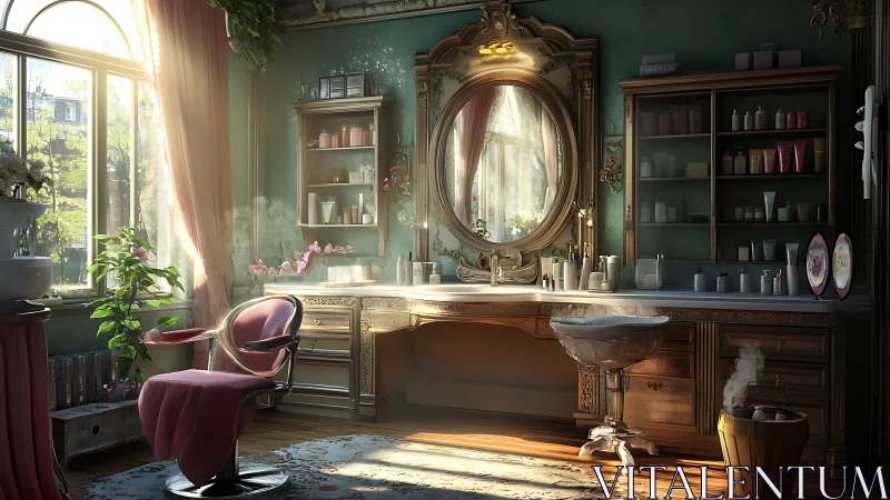 Vintage sunlit beauty salon interior with ornate vanity.