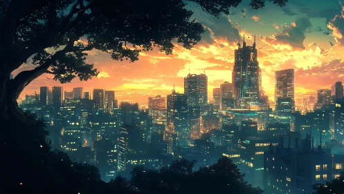 Dense futuristic city skyline under vivid sunset sky.