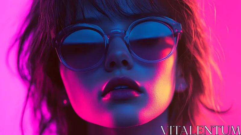 Neon lit close up portrait of woman in round sunglasses.