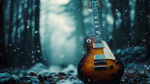 Electric guitar stands in a quiet snowy forest, awaiting music