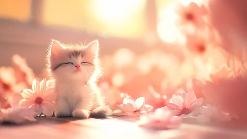 Serene white kitten surrounded by pink flowers and warm sunlight.