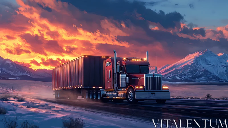 Red semi truck powers through icy highway under fire sky.