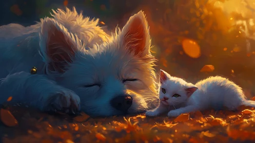 White canine and feline subjects positioned in warm amber atmospheric environment.