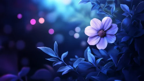 Single violet flower glows among blue foliage at night