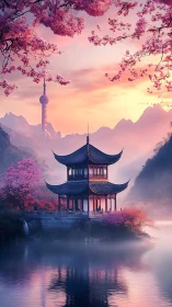 Serene pagoda under cherry blossoms at pastel sunrise.