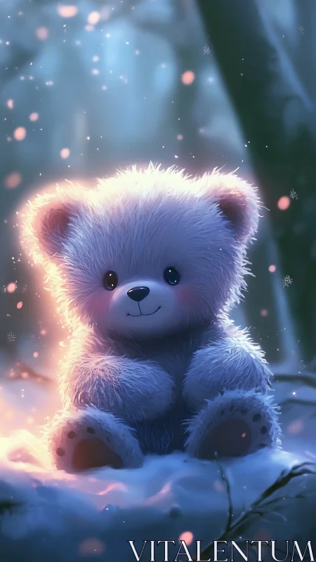 Fluffy teddy bear glows softly in a magical winter forest
