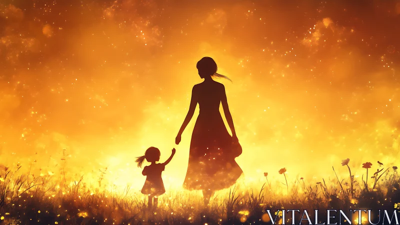 Backlit mother–child silhouettes in luminous sunset field.