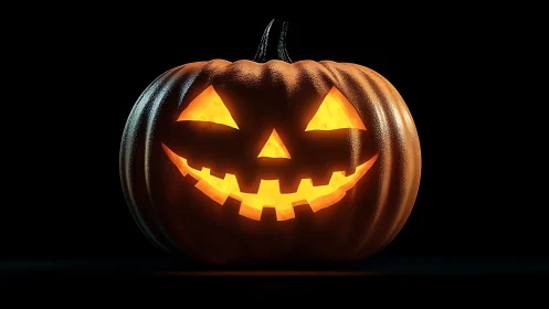 Glowing jack-o’-lantern grins in dramatic Halloween darkness
