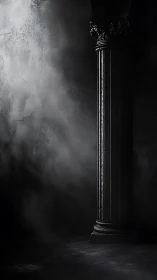 Solemn stone pillar guarding fog-draped forgotten hall.