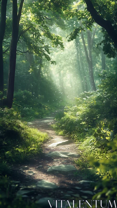 Enchanted Forest Path Glowing With Morning Light.