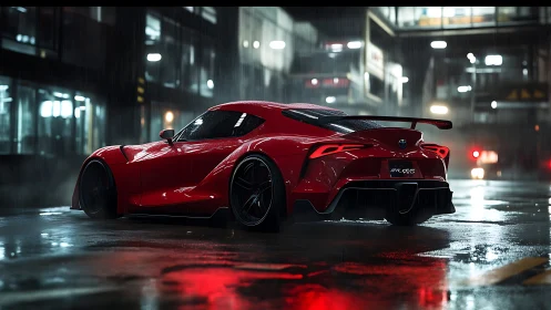 Sleek red sports car glowing on a rainy city night street.