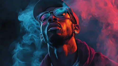 Neon-lit portrait of man in smoke with vivid color contrast.