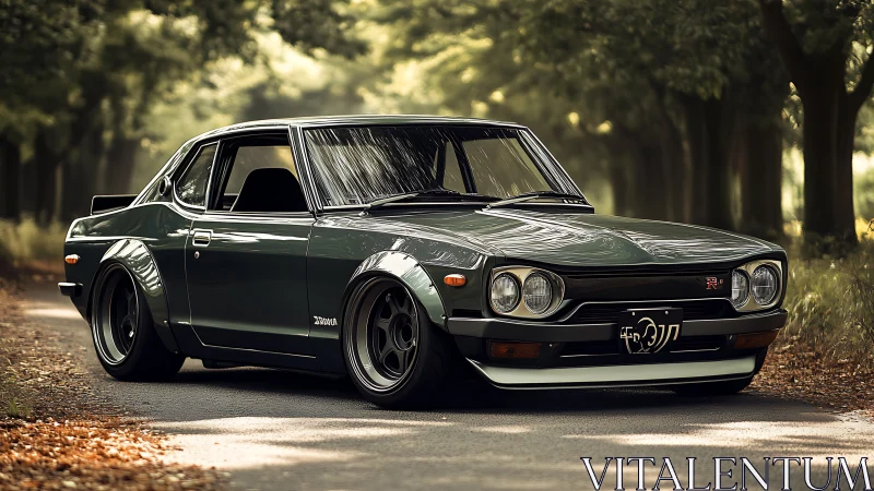 Classic green coupe rests peacefully on a sunlit forest road