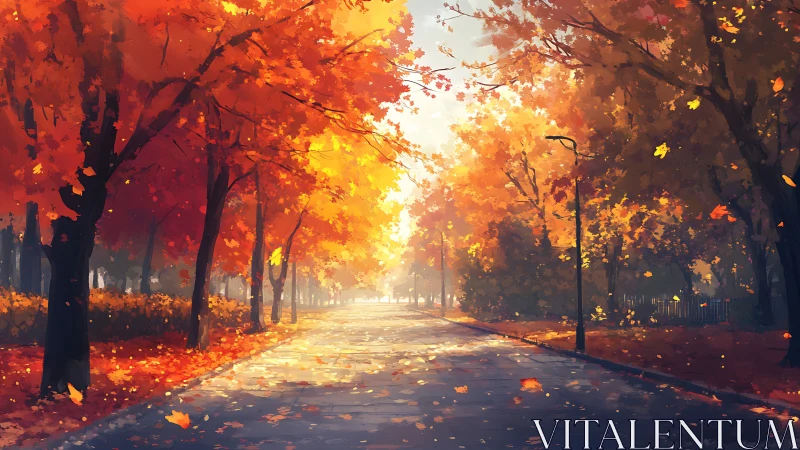 Tree-lined urban pathway displays dense autumn foliage