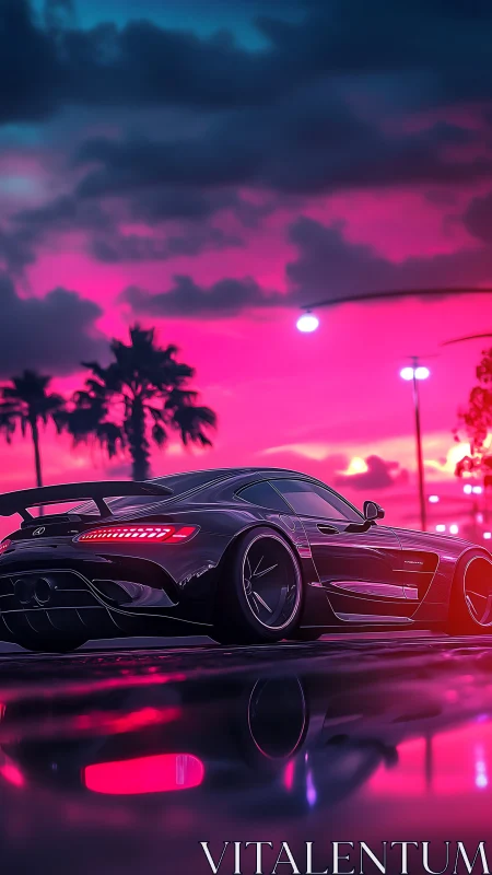 Neon-lit aerodynamic supercar under magenta storm sky.