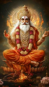 Radiant sage in lotus pose amid firelit celestial calm.