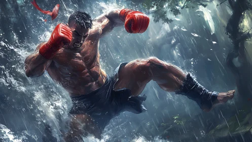 Martial artist unleashes a powerful kick in stormy waterfall.