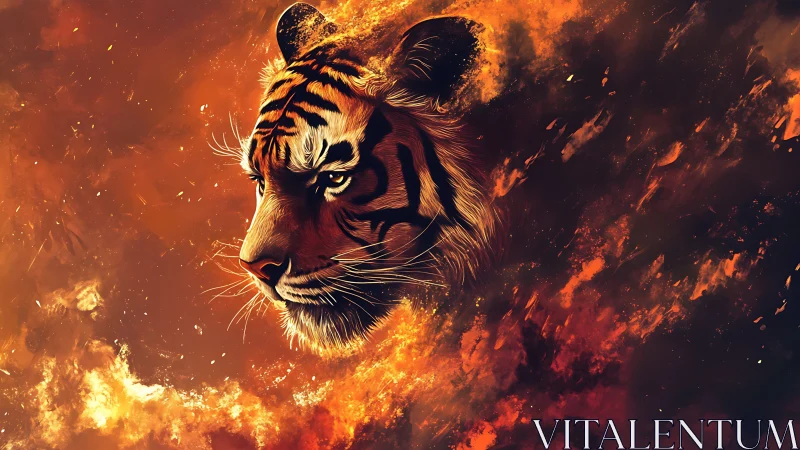 Tiger portrait emerging through blazing abstract firestorm.