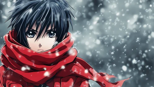 Anime portrait of boy in red scarf amid falling snowflakes